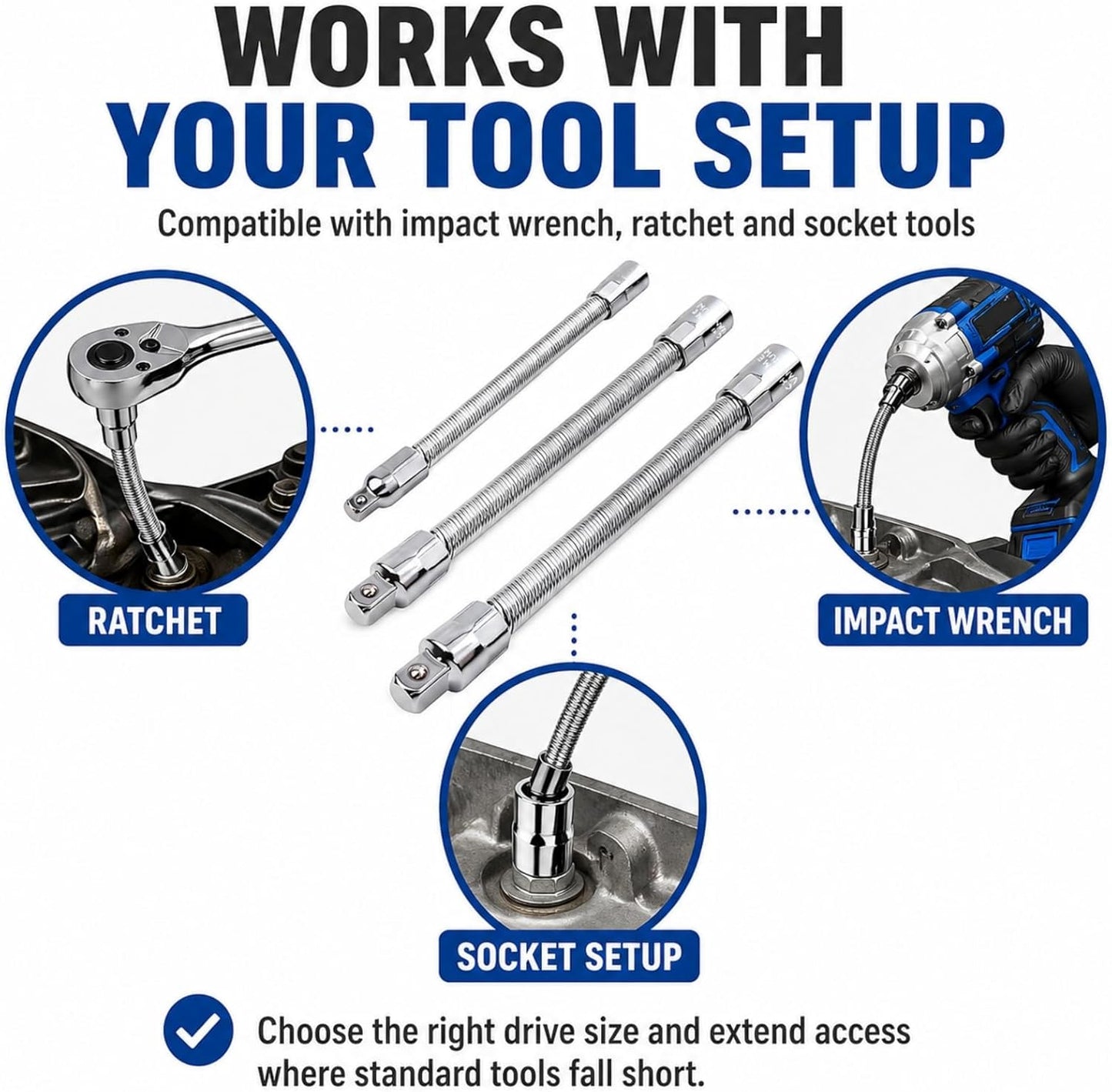 Flexible Socket Extension Bar Set, 360 Flex Rod for Impact 1/4 3/8 1/2 Inch Bendable Drive Extension Rods