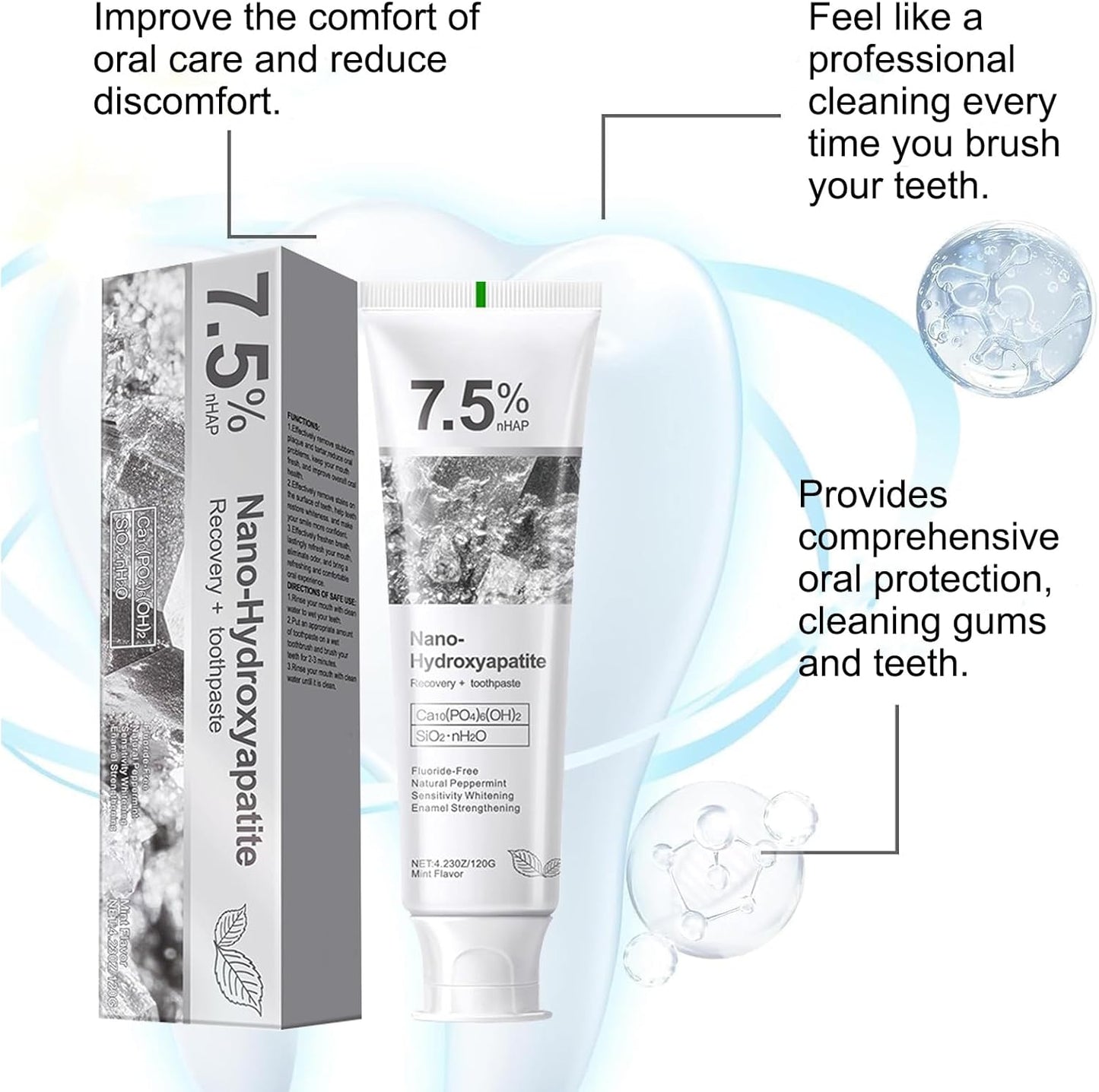 7.5% Nano Hydroxyapatite Toothpaste, Advanced Enamel Protection, Deep Cleaning Fluoride-Free Formula