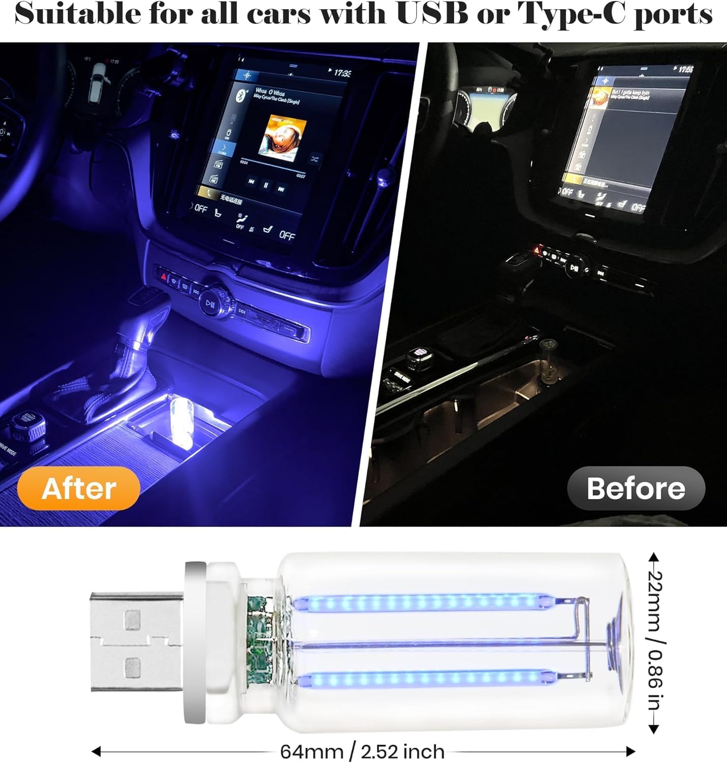 2PCS Car USB Night Light Touch Dimmable LED Filament Lamp