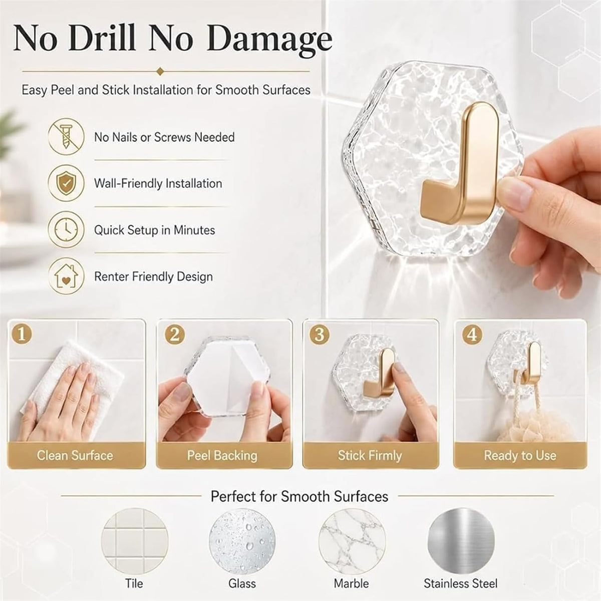 5PCS Self Adhesive Hooks, Water Ripple Hexagonal Heavy Duty Adhesive Wall Hooks for Hanging