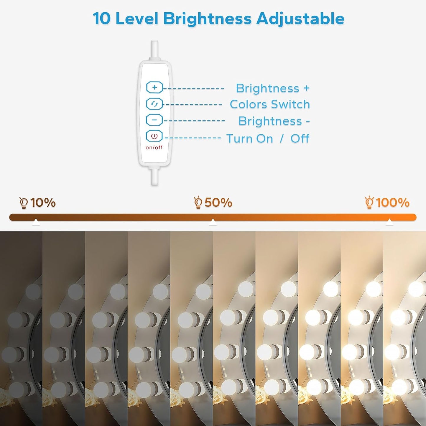LED Vanity Lights For Mirror, Vanity Lights Stick on with 10 Dimmable Bulbs