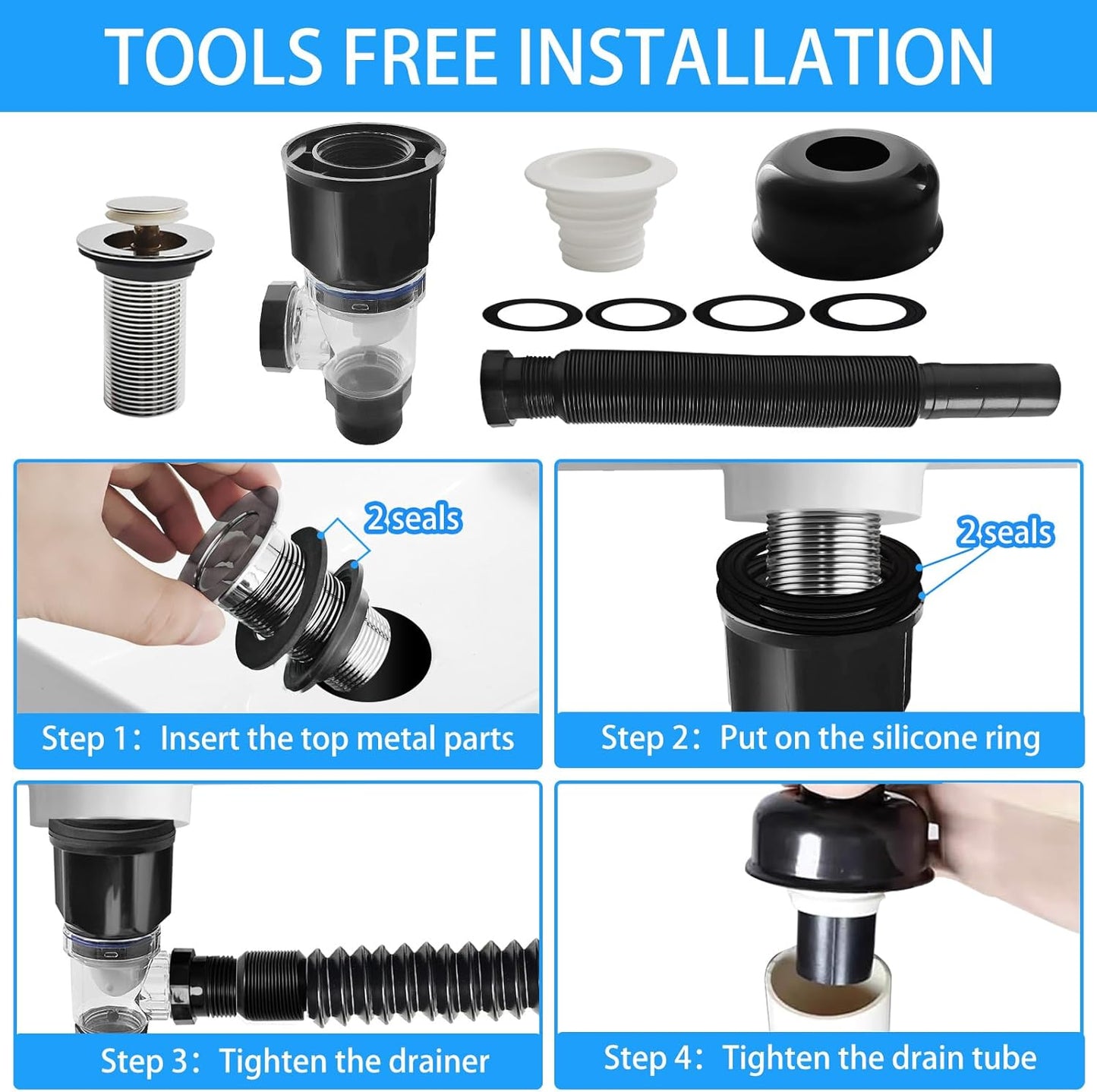 Sink Drain Pipe, Expandable Flexible Kitchen Sink Drain Pipe P Trap Kitchen Sink for Bathroom Kitchen 1‑1/4 in