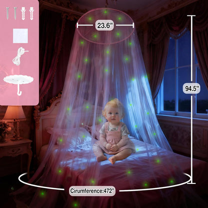 Pink Princess Bed Canopy for Girls with Glowing Stars