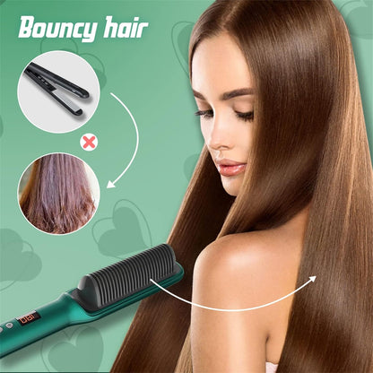 Negative Ion Hair Straightener Styling Comb with 5 Temp, 2 in 1 Brush and Curler 10s Fast Heating Anti-Scald