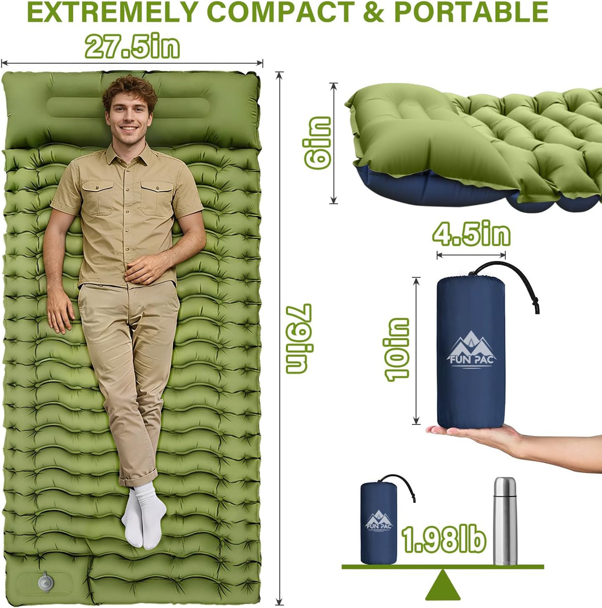 Camping Sleeping Pad, Ultralight Camping Mat with Pillow
