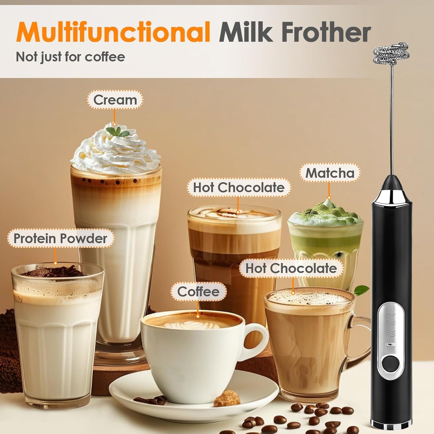 Milk Frother Handheld, Rechargeable Coffee Frother Wand with 2 Stainless Whisks 3 Speeds