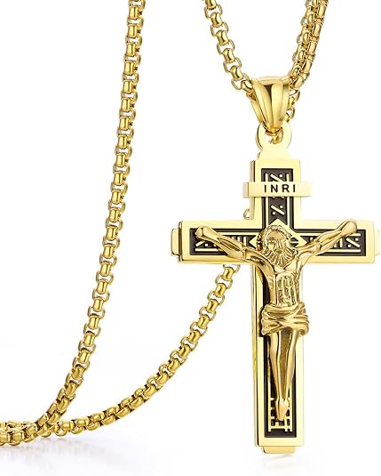 Jesus Christ on INRI Crucifix Cross Pendant Necklace | Large Jesus Pendant 24 Inch Stainless Steel Chain