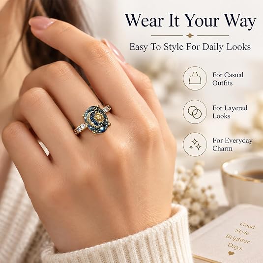 Copper Plain Sun & Moon Celestial Enamel Gold Fashion Ring