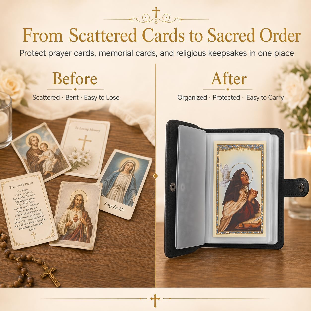 Genuine Leather Holy Card Holder Book with 54 Assorted Catholic Prayer Cards
