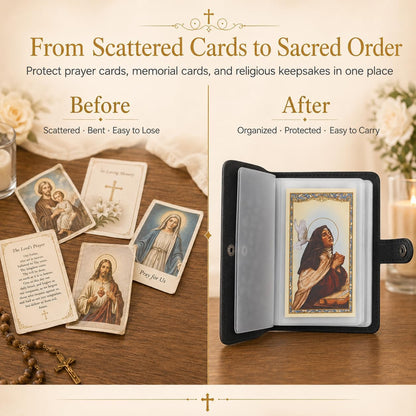 Genuine Leather Holy Card Holder Book with 54 Assorted Catholic Prayer Cards