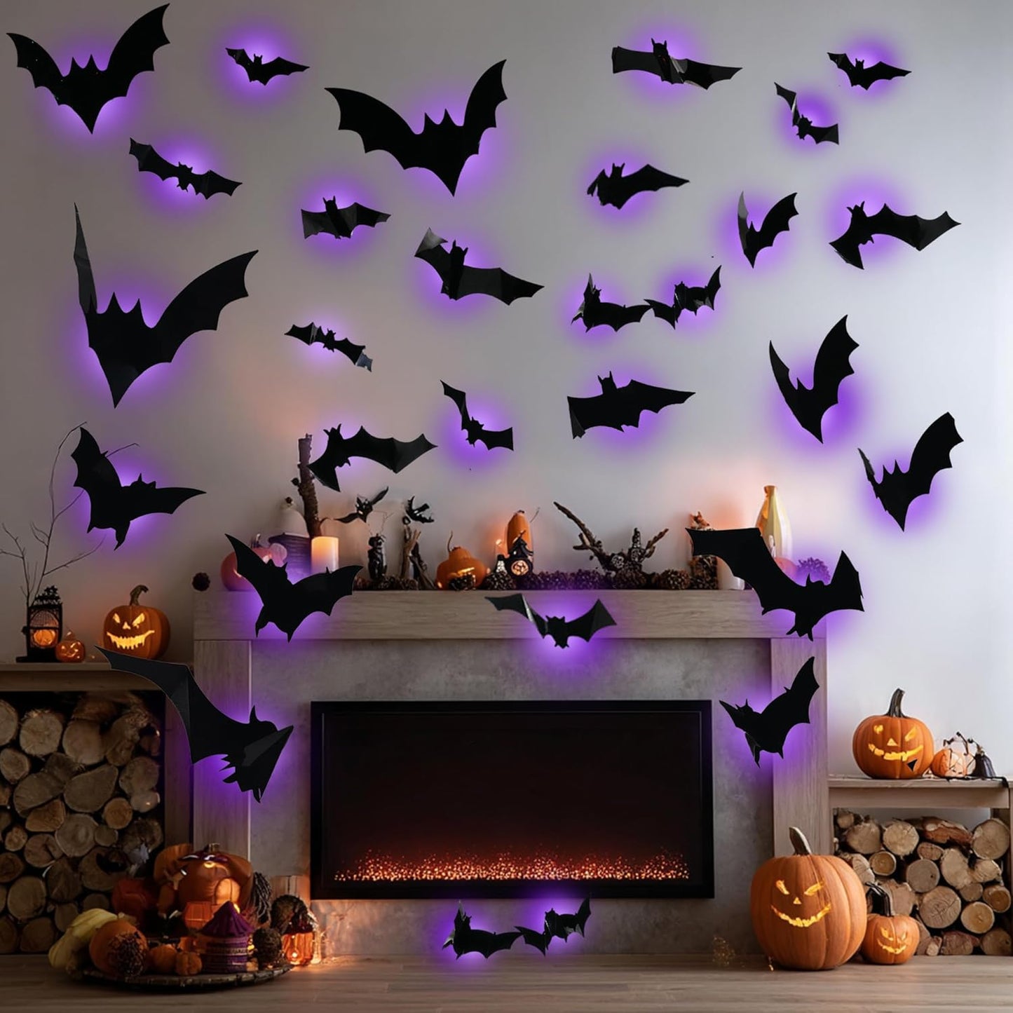 12Pcs Halloween Bats Wall Decor, Removable Lighted 3D Bats Wall Stickers Assorted Size