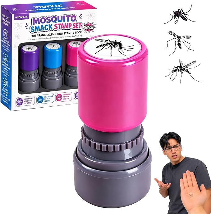 3Pcs Mosquito Stamp Prank Bug Stamps with Pre-Inked Black Ink Paint Mosquito Smack Stamp