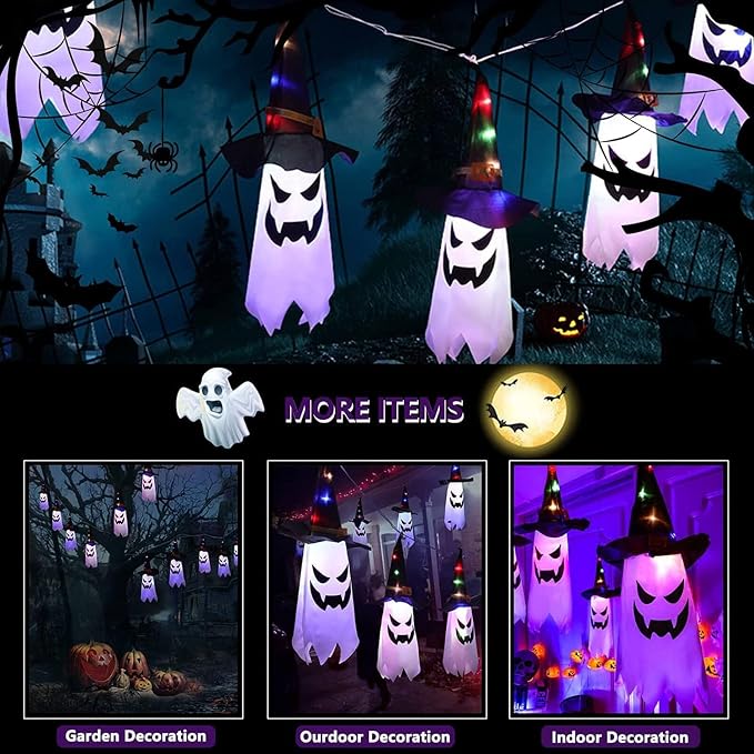 3Pcs Halloween Hanging Lighted Glowing Ghost Witch Hat Indoor Outside Ornaments