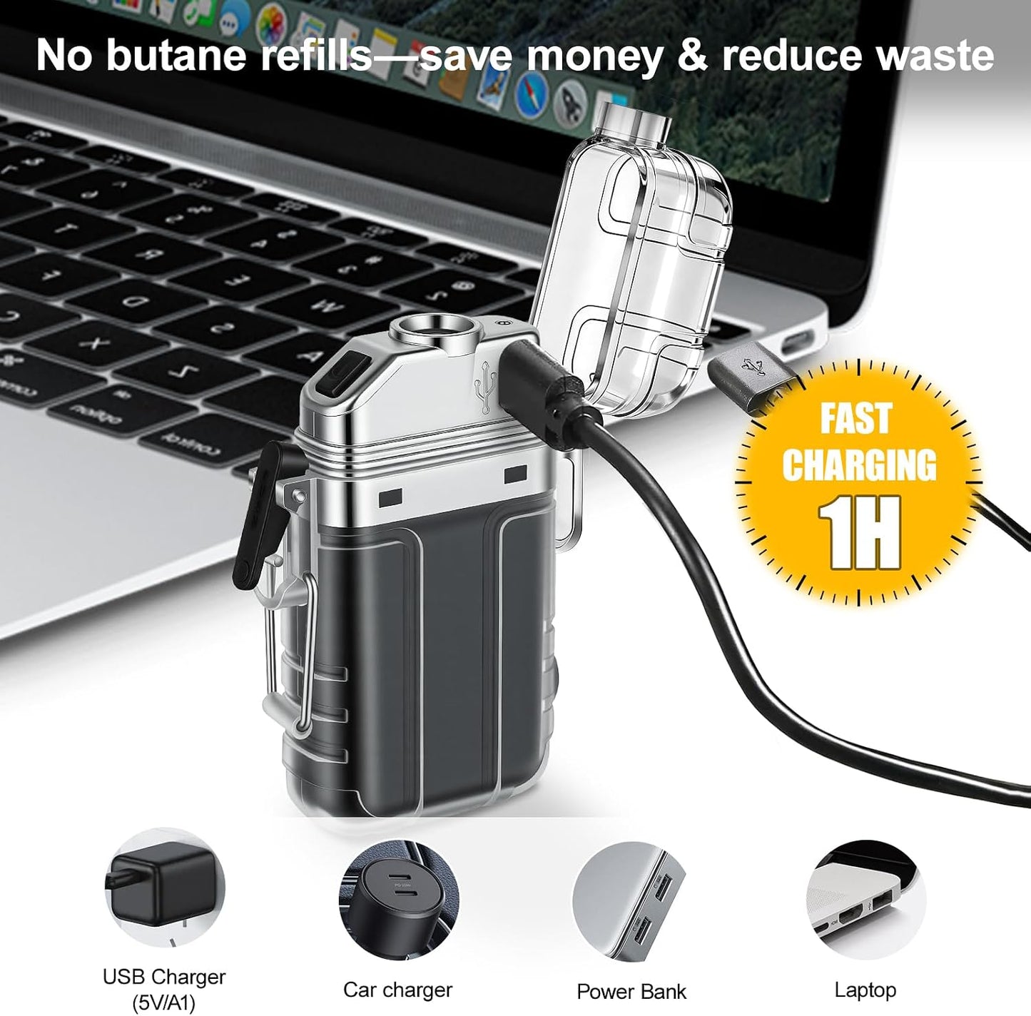 Waterproof Lighter of 3 Modes Windproof Flashlight,, Electric USB Rechargeable