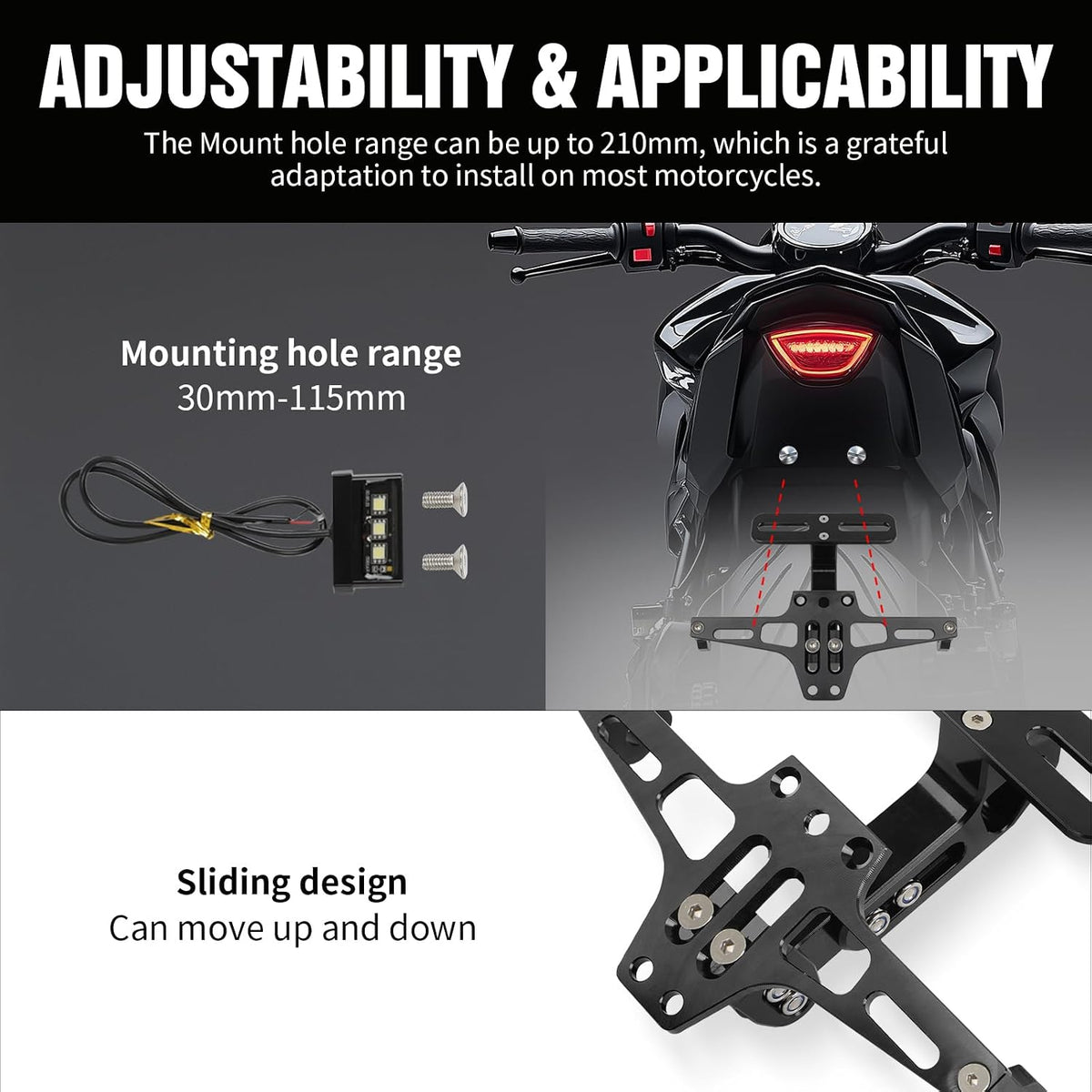Universal Motorcycle License Plate Bracket with LED Light Aluminum