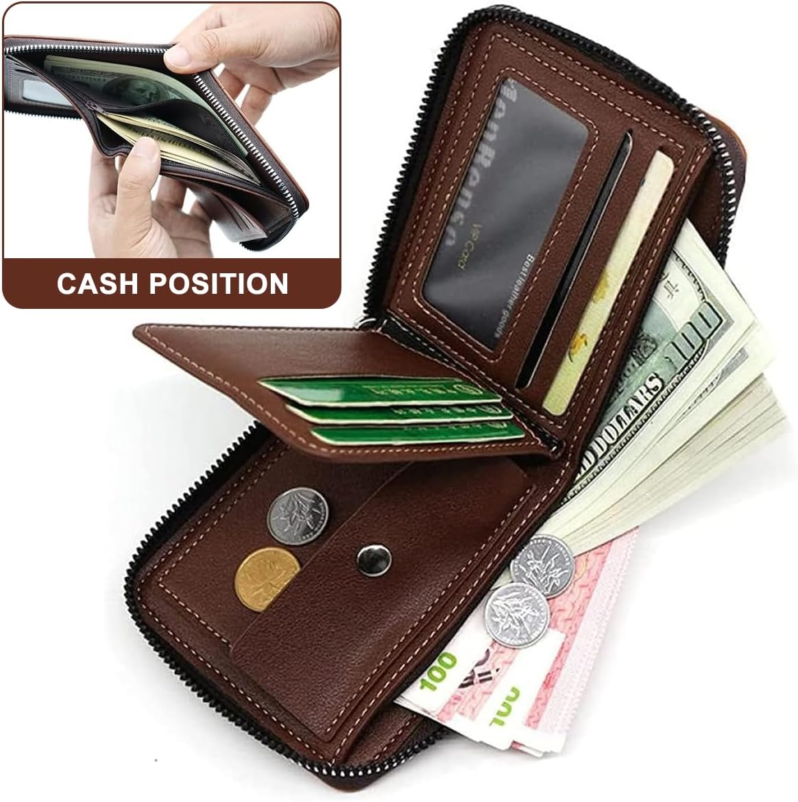Men's Bi-fold Zip Wallet | Features 9 card slots, 2 clear ID windows, and durable stitching