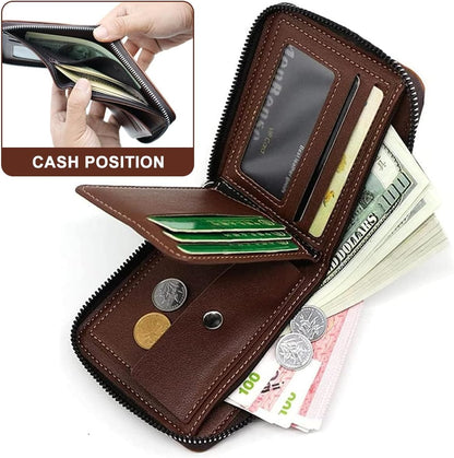 Men's Bi-fold Zip Wallet | Features 9 card slots, 2 clear ID windows, and durable stitching