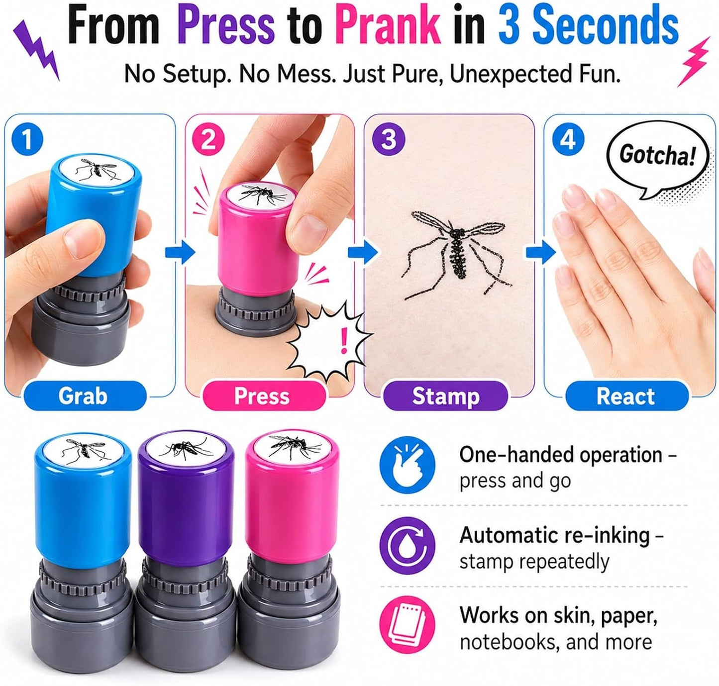 3Pcs Mosquito Stamp Prank Bug Stamps with Pre-Inked Black Ink Paint Mosquito Smack Stamp