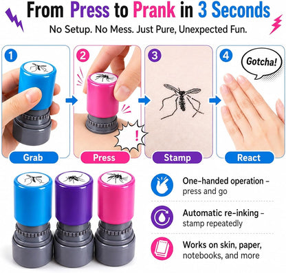 3Pcs Mosquito Stamp Prank Bug Stamps with Pre-Inked Black Ink Paint Mosquito Smack Stamp