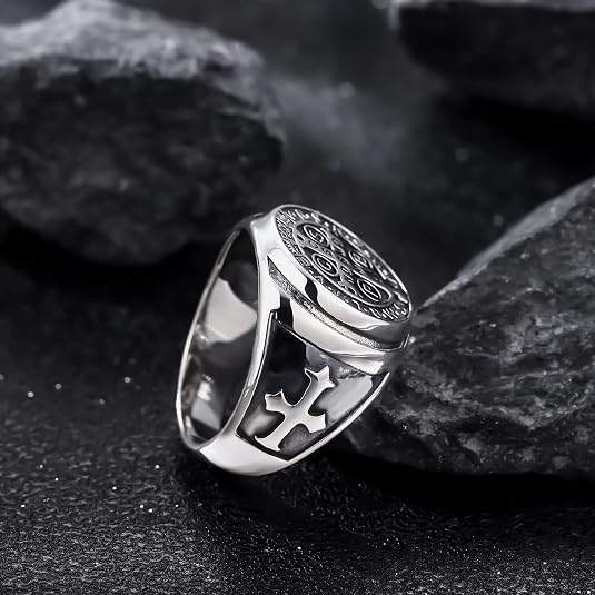 St Benedict Exorcism Ring Stainless Steel Catholic Roman Cross Demon Protection Ghost Hunter