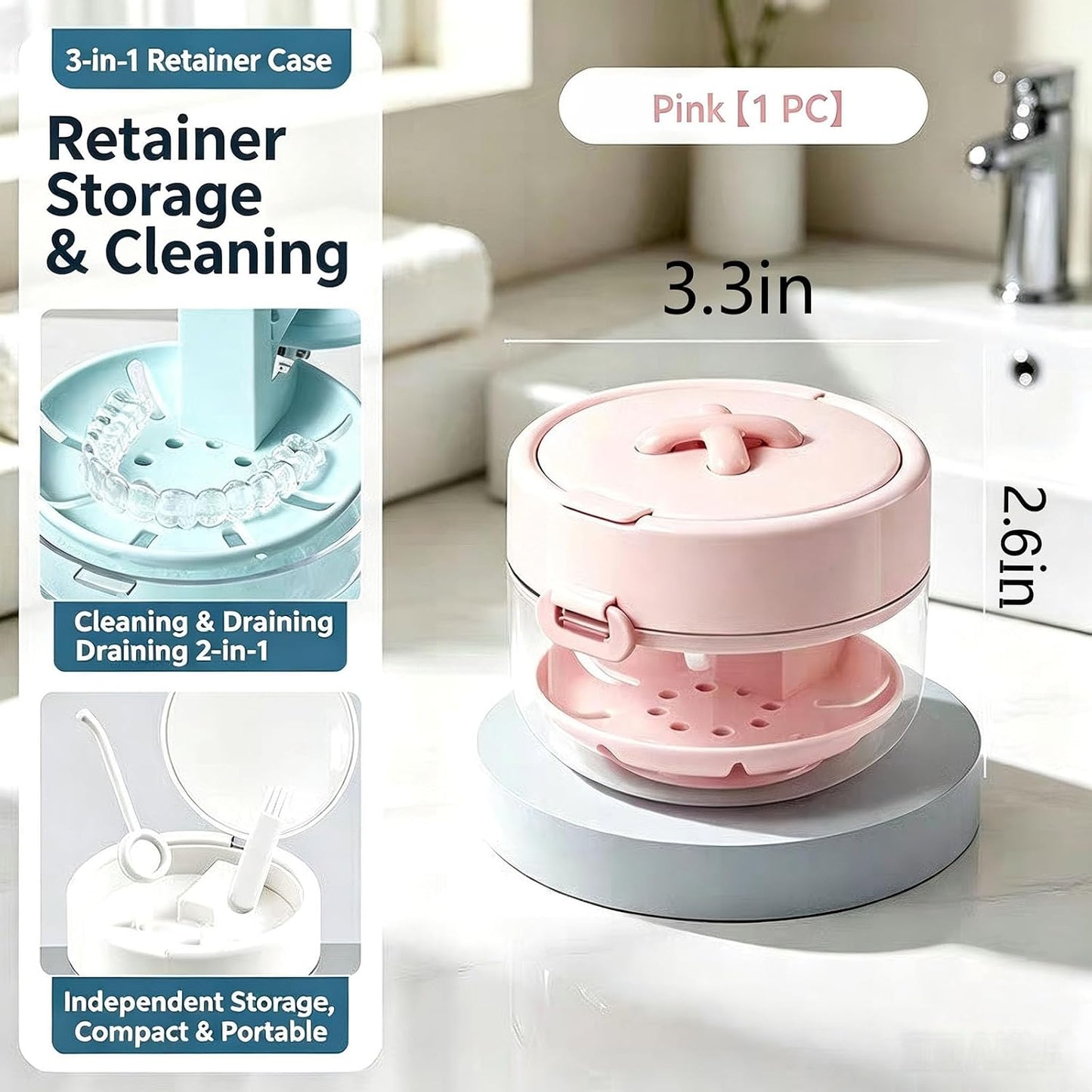 3-in-1 Retainer Case with Mirror and Cleaning Brush, Portable Retainer Case with Mirror