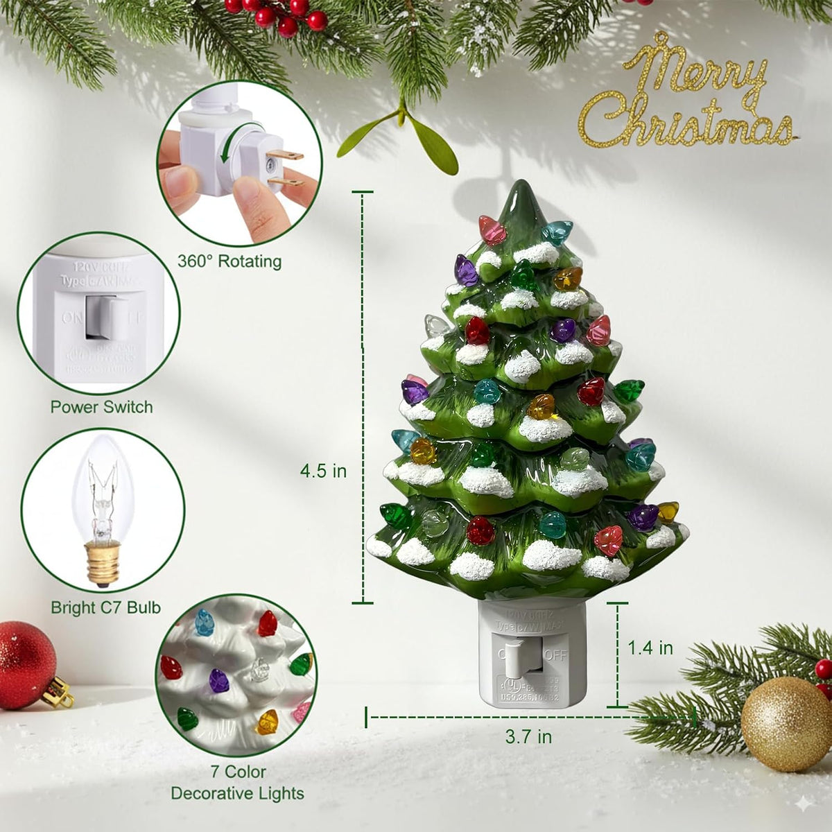 LED Christmas Tree Night Light, Colored Bulbs Nightlight with Switch