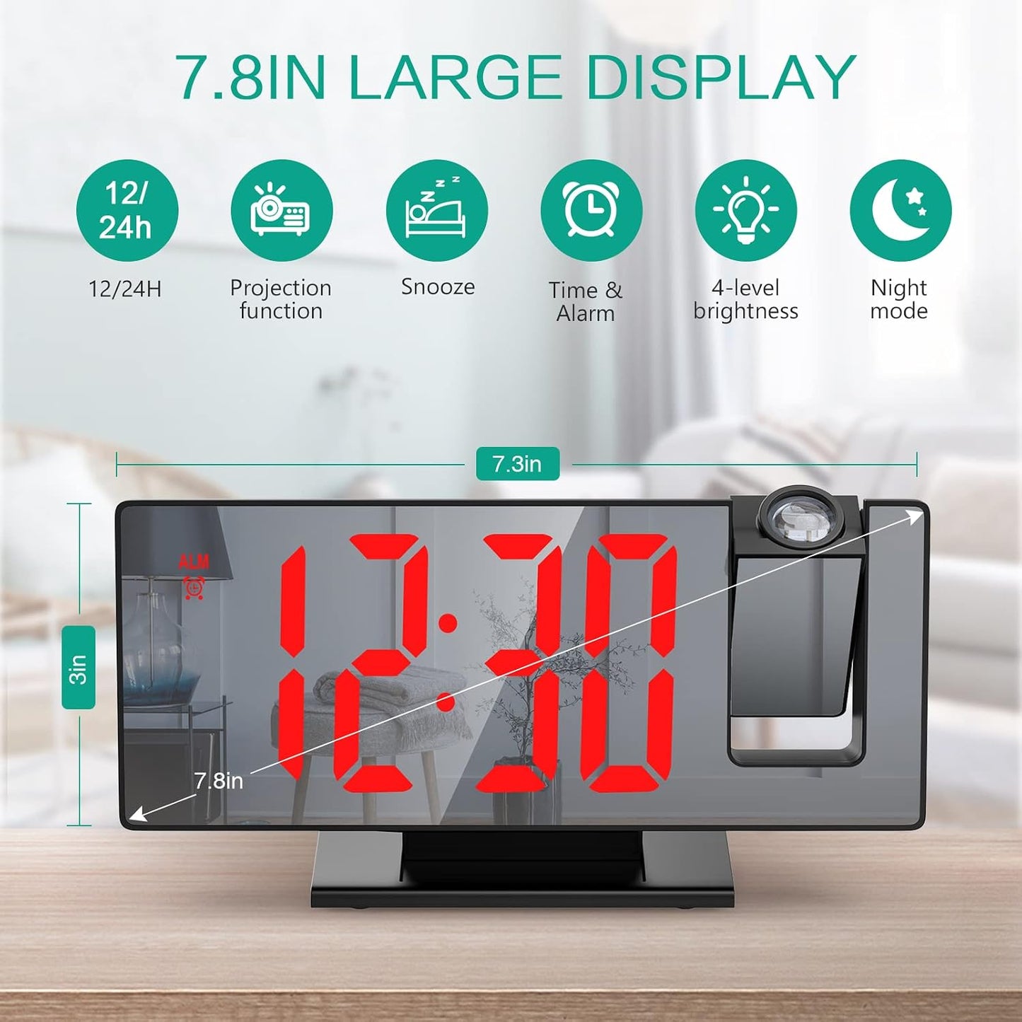 Projection Alarm Clock, LED Electronic Mirror Alarm Clock for Bedroom