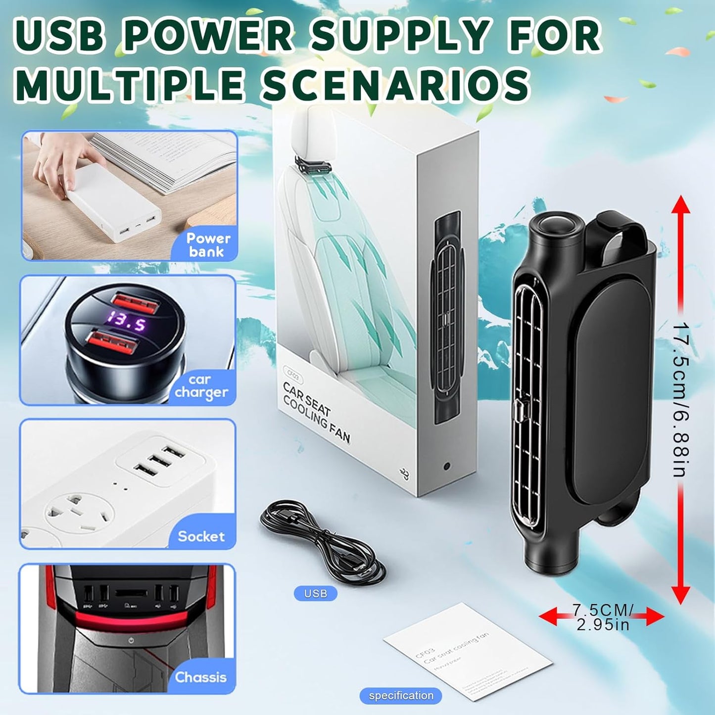 Mini Car Mounted Seat Back Cooling Fan 3 Speed for SUV RV Truck