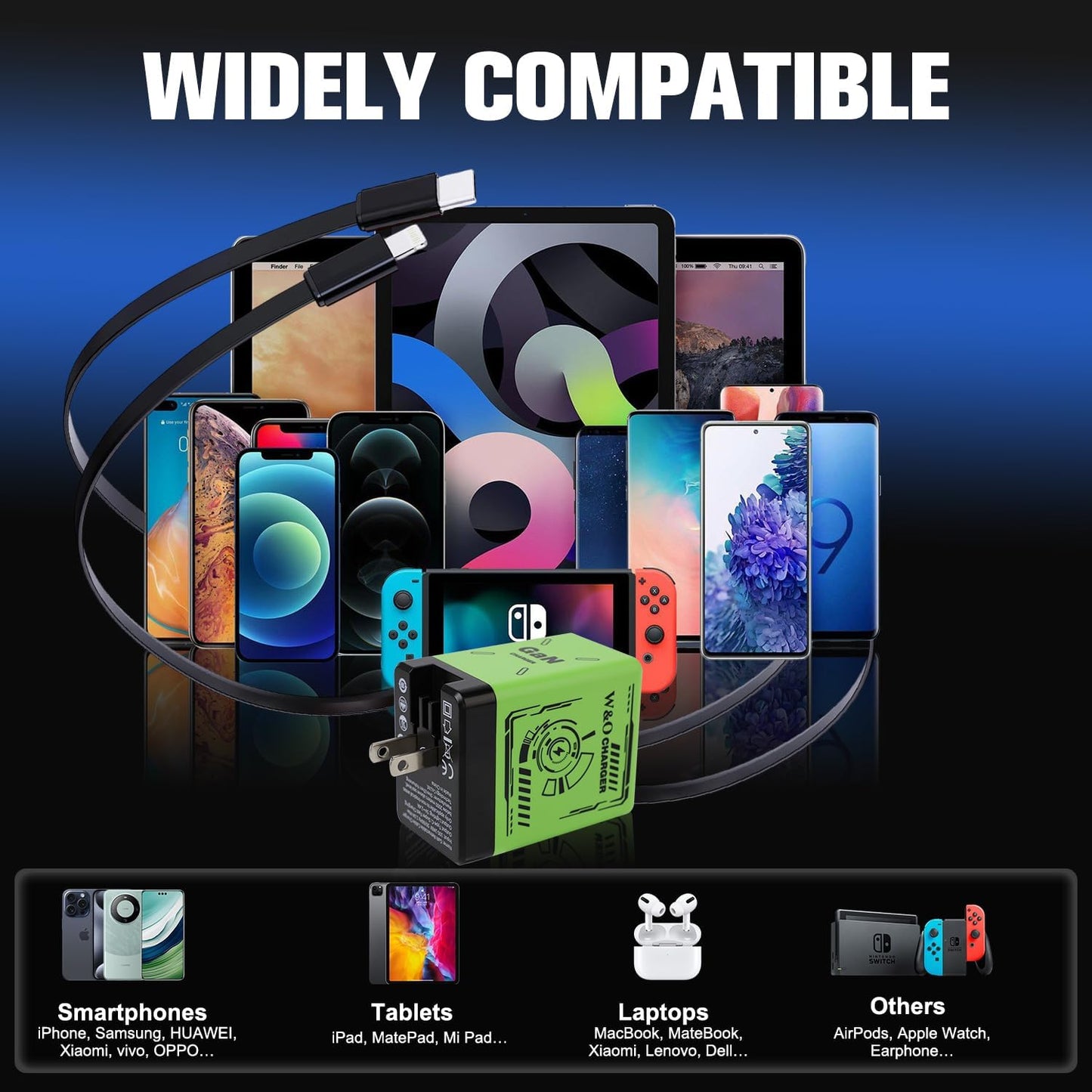 2-in-1 GaN Compatible with Fast Charger, GaN Charger Fast Charging, Retractable Phone Chargers Wall Plug