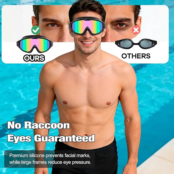 Large Swim Goggles,Wide View,Anti Fog,Swimming with Earplug Nose Clip | UV Protection & No Leak