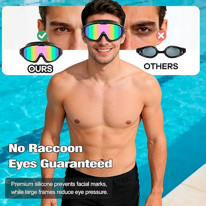 Large Swim Goggles,Wide View,Anti Fog,Swimming with Earplug Nose Clip | UV Protection & No Leak