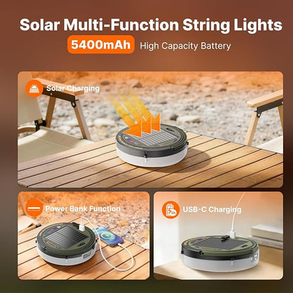 Solar & USB Rechargeable Camping Lights String, 33FT Retractable 3 in 1 Camping Lights 13 Modes