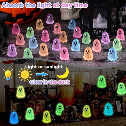 50 Pcs Mini Ghost Figurines, Glow in the Dark Resin Halloween Miniatures