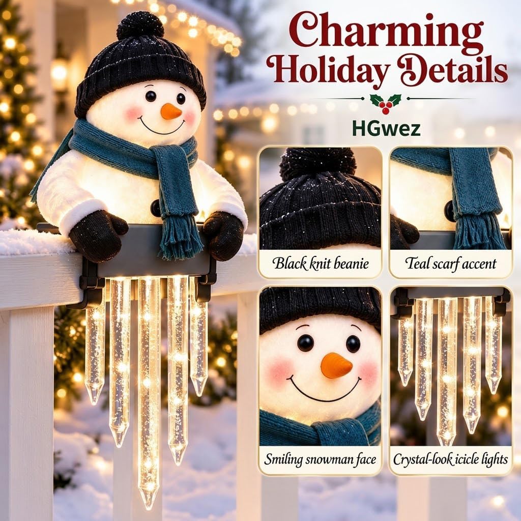 Snowman Icicle Light Decor, Outdoor Christmas LED Holiday Porch Lights