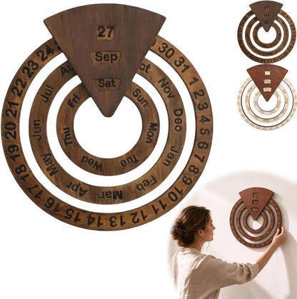 Wooden Perpetual Calendar – Rotating Wall Calendar, Manual Rotating Ring Date Month Day Tracker