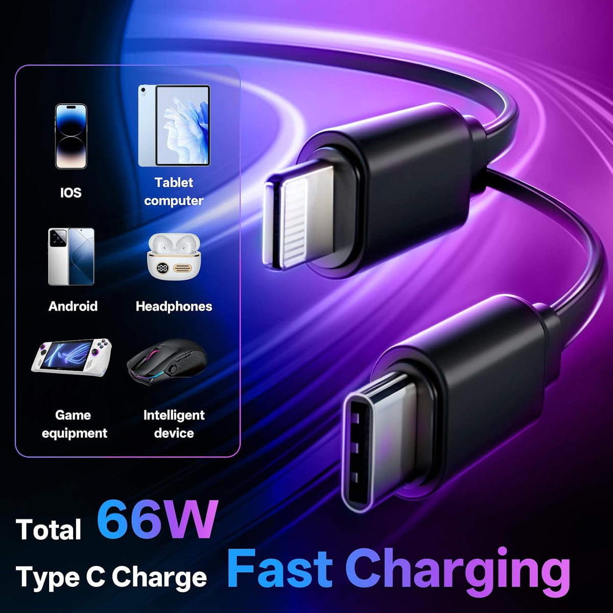 Retractable Car Charger, 4-in-1 Fast Charger with USB-C & USB-A | Red Starry Sky Light