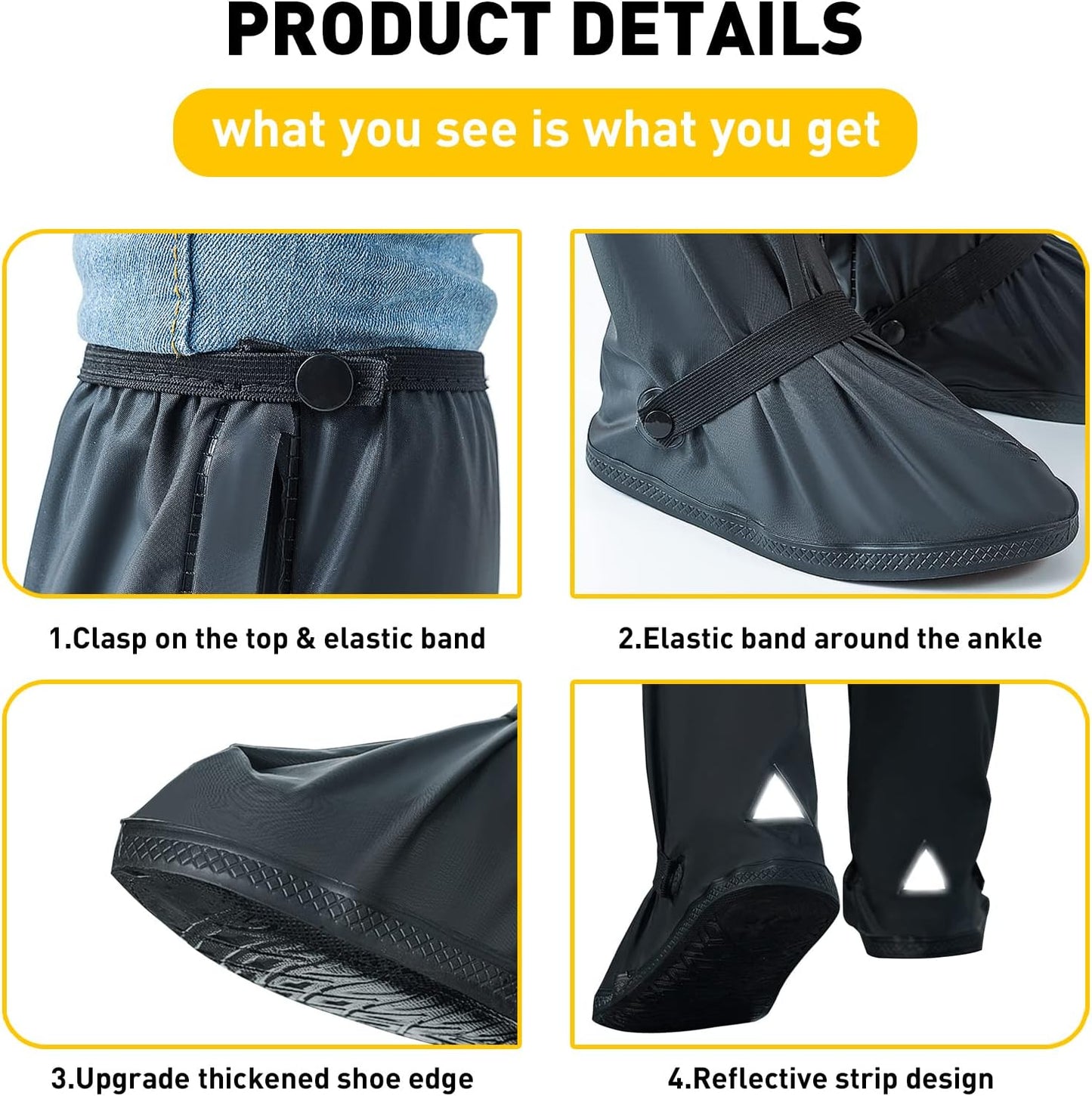 1Pair Waterproof Shoe Covers, Reusable & Foldable Rain Boot Shoe Cover with Zipper, Non-Slip, Reflector