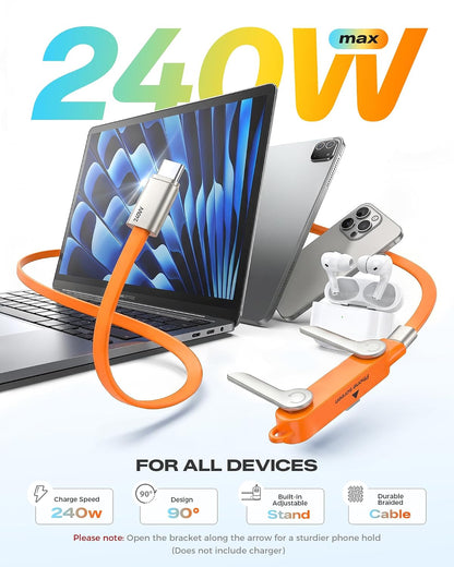 240w Stand Data Cable Invisible Foldable Holder Charger Cable with Stand,5 FT USB C to USB C Fast Charging Cable