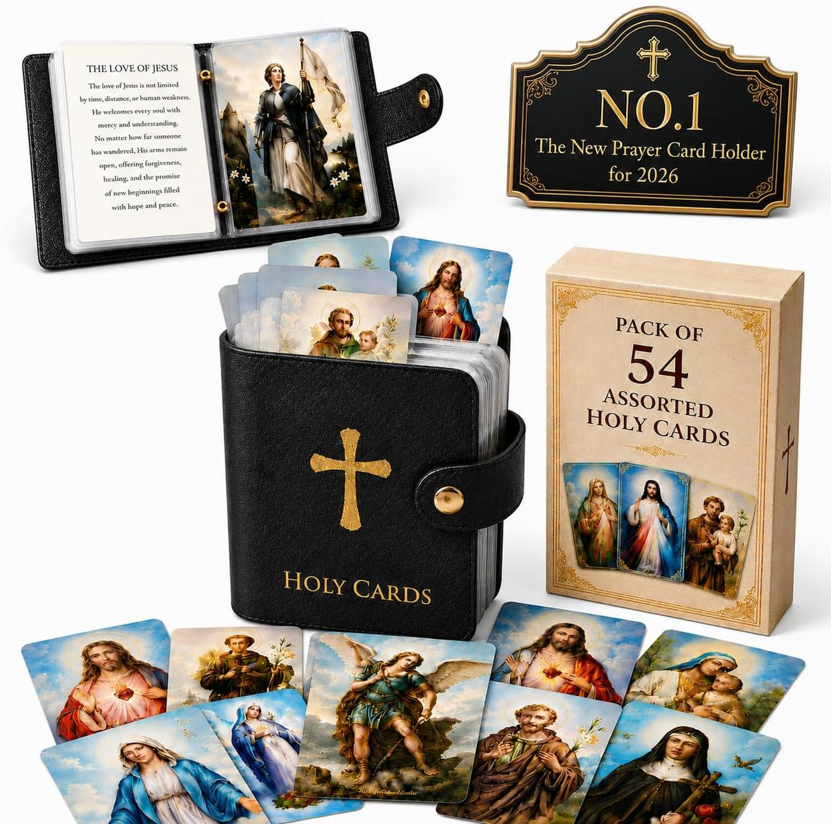 Genuine Leather Holy Card Holder Book with 54 Assorted Catholic Prayer Cards