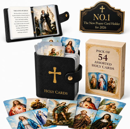 Genuine Leather Holy Card Holder Book with 54 Assorted Catholic Prayer Cards