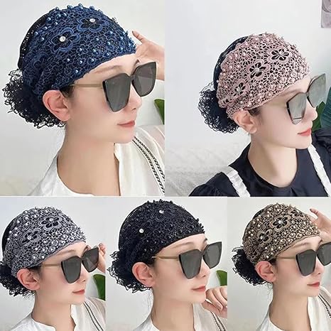 5Pcs Women's Floral Lace Headwrap, Pearl Encrusted Floral Lace Headband