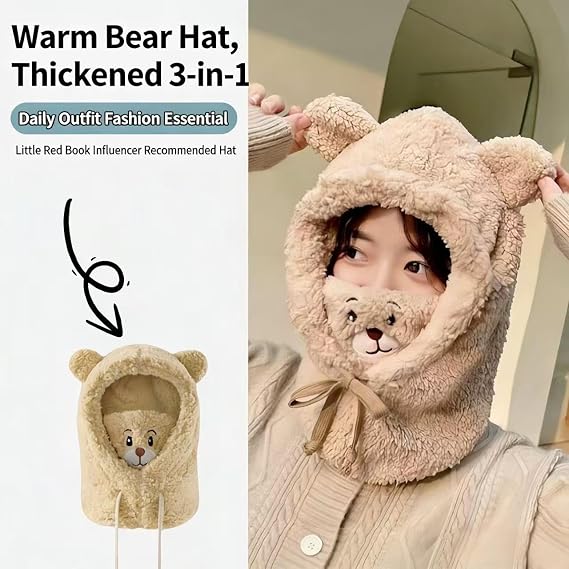 Kawaii Bear Ear Beanie Scarf, Super Soft Furry Double Layer Neck Warmer & Hat