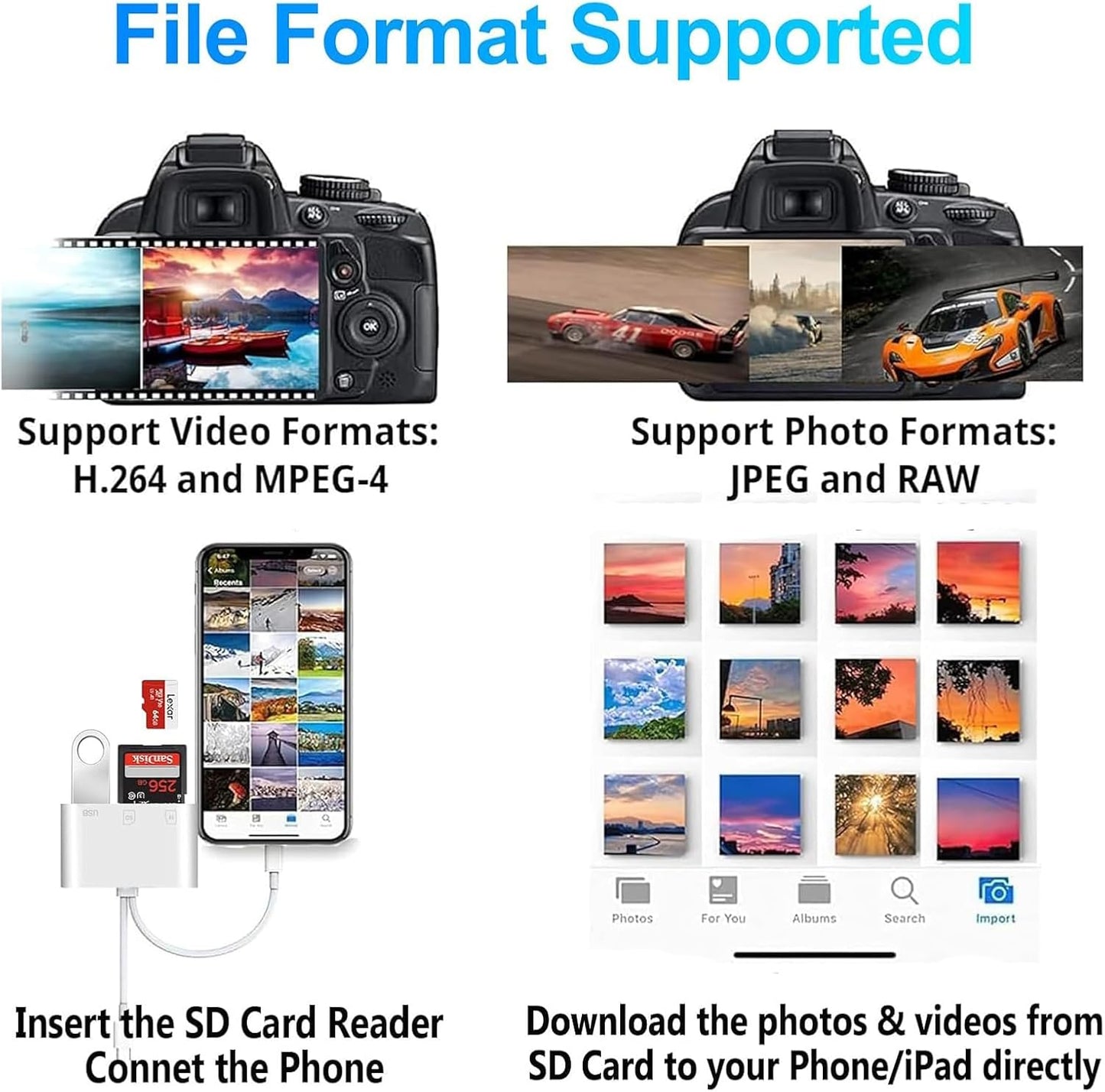 SD Card Reader for iPhone, Apple + Type-C Dual-Cable 3-in-1 USB C Lightning Dual Port SD Card Adapter