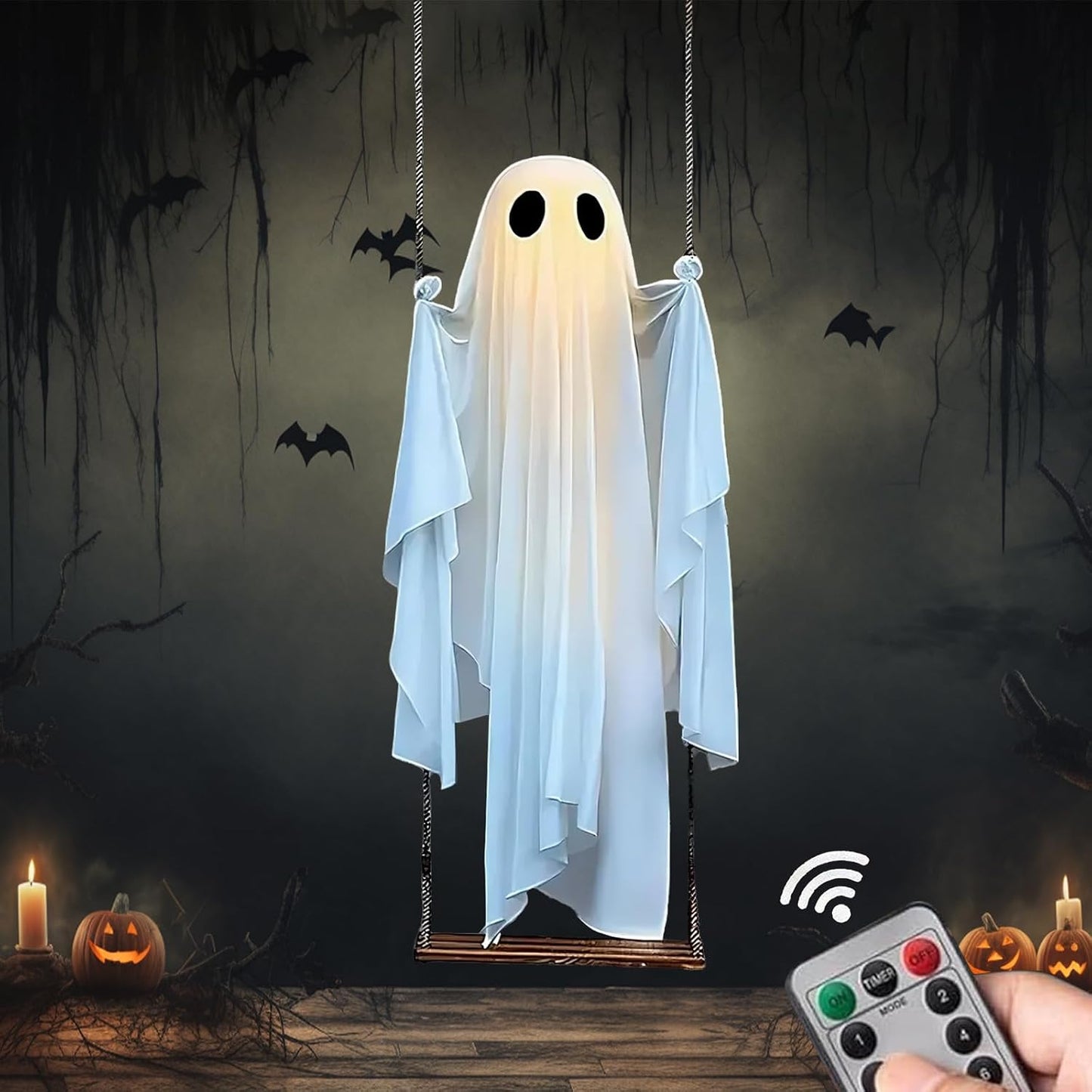 5FT Large Hanging Ghost Swing with Remote Control String Lights