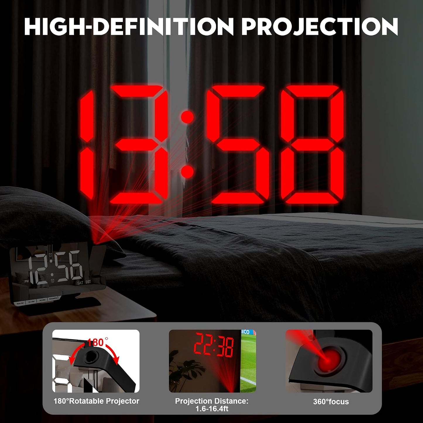 Projection Alarm Clock, LED Electronic Mirror Alarm Clock for Bedroom