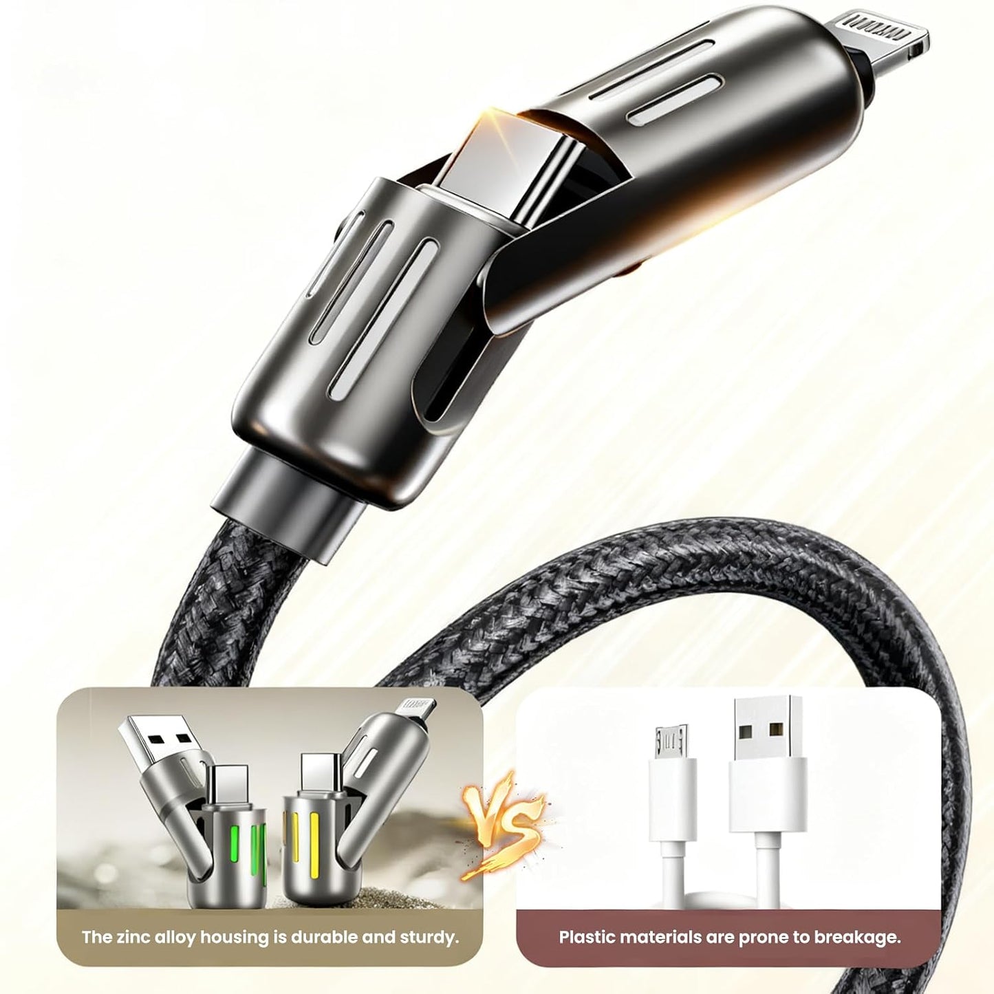 4-in-1 Fast Charging Cable with LED Indicator, 5ft 240W USB C Multi Charger Cord