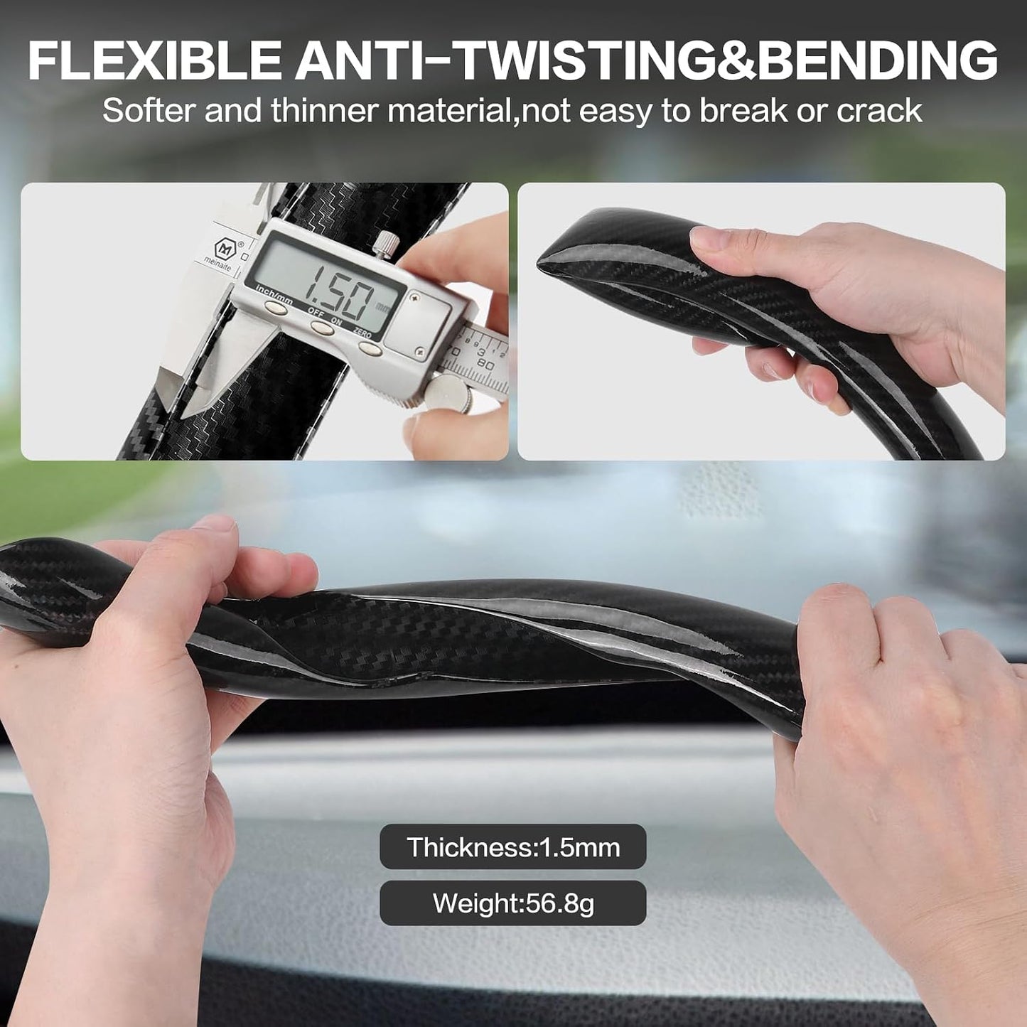 3Pcs Car Non-Slip Steering Wheel Protector, Universal 15 Inch, Carbon Fiber Design