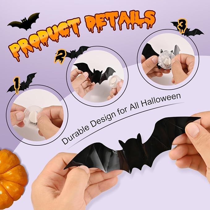 12Pcs Halloween Bats Wall Decor, Removable Lighted 3D Bats Wall Stickers Assorted Size