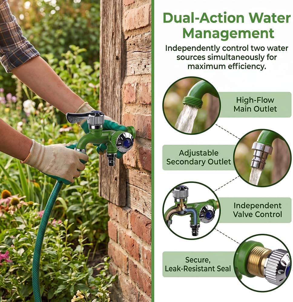 Outdoor Garden Water Faucet,1 Inlet 2 Outlet Valve Faucet Water Hose Outlet Hose Valve