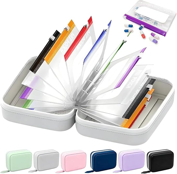 A8 Waterproof Pill Pouch Set with 14 Color-Coded Medicine Pouches